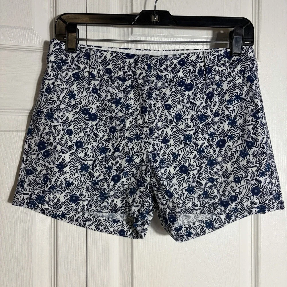 J Crew Factory Chino Shorts Women 2 Blue White Floral Print 100% Cotton 3.5 inch